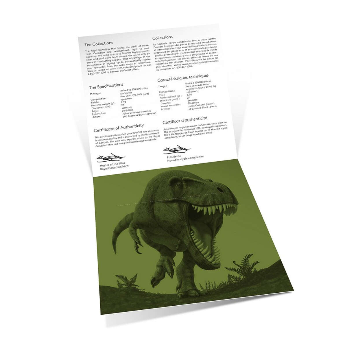 DISCOVER CANADA'S DINOSAURS: $20 SILVER COIN - ROYAL CANADIAN MINT-2016