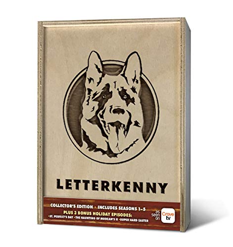 LETTERKENNY: SEASON 1-5 LIMITED COLLECTABLE WOODEN BOX, NUMBERED TO 3,000, INCLUDES BEER COOZIE AND COASTER WITH BUILT IN BOTTLE OPENER.