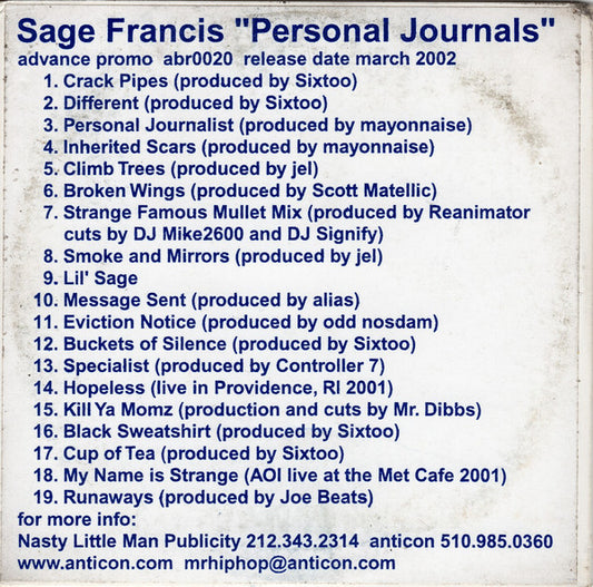 SAGE FRANCIS  - PERSONAL JOURNALS