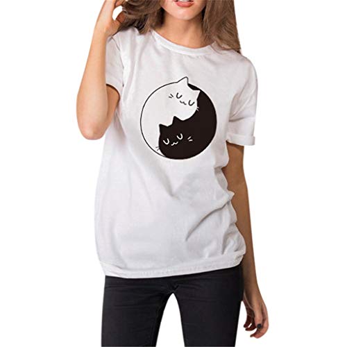 WODCEEKE WOMEN TAI CHI CAT PRINT TOPS CASUAL SHORT SLEEVE ROUND NECK T-SHIRT BLOUSES(WHITE,S)